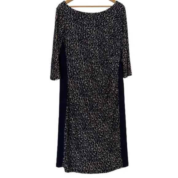 Lauren Ralph Lauren Navy Blue and Cream Ruched Long Sleeve Dress - Picture 2 of 7